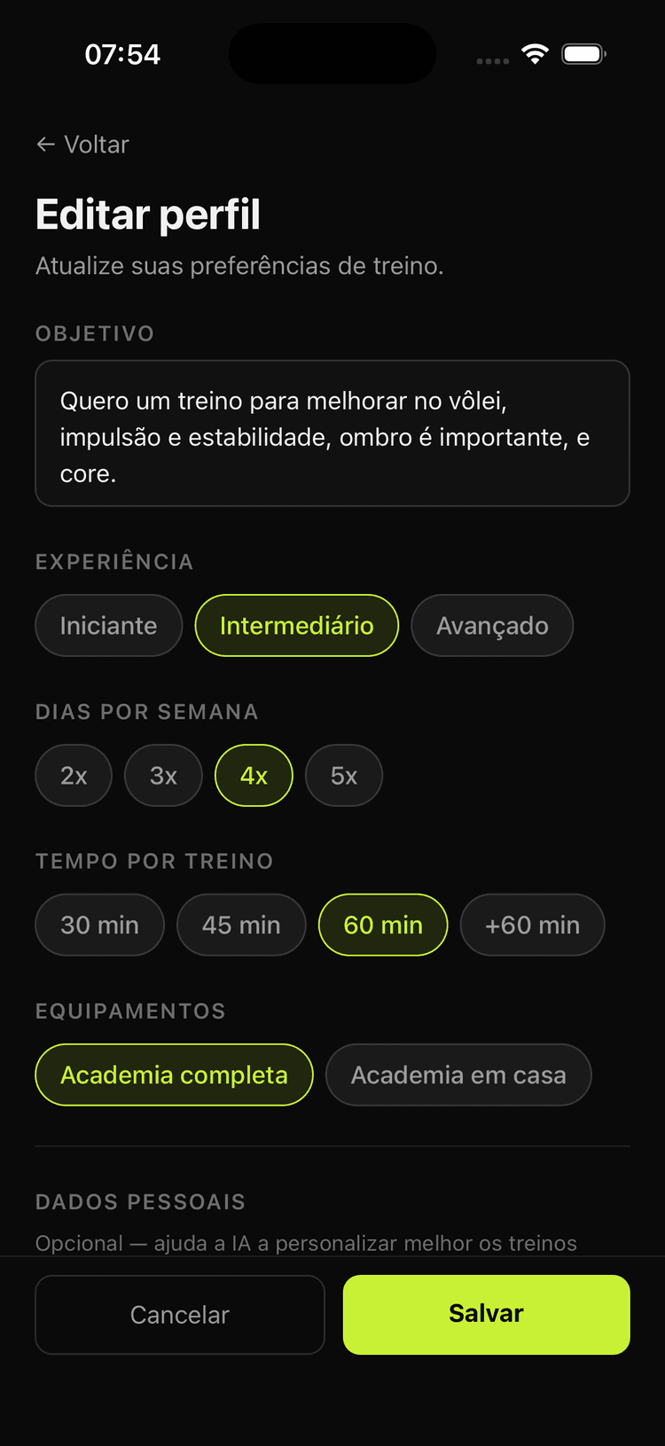 Configuração de perfil no Kyro